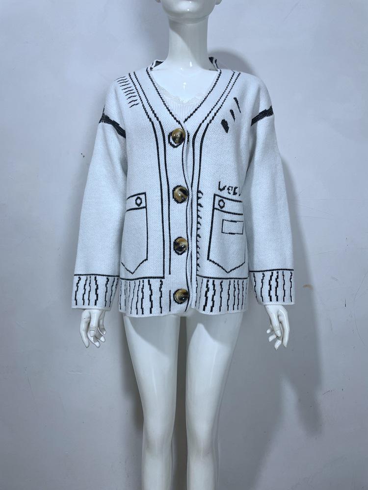 European & American Style Loose Color-block Knit Cardigan with Decorative Pockets for Women