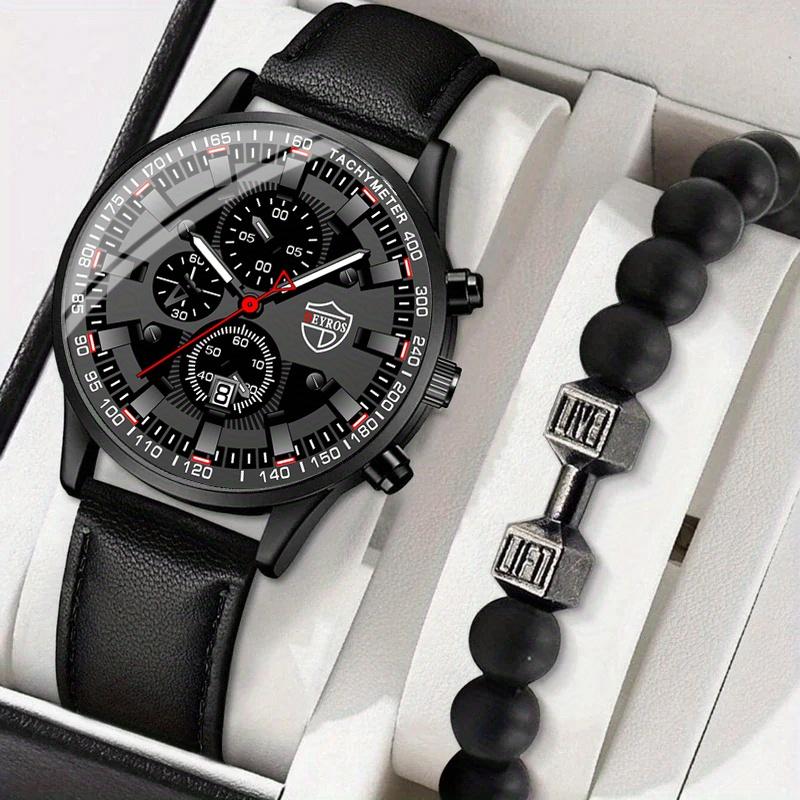 

2 шт./комплект мужские деловые кварцевые часы с циферблатом даты из искусственной кожи наручные часы и браслет, День отца День святого Валентина подарки для него