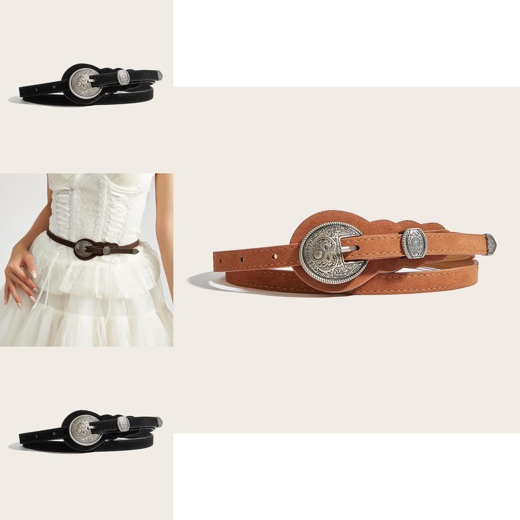 Ethnic Style Solid Color Oval Metal Buckle Decoration Suede Women Casual Belt For Retro Style