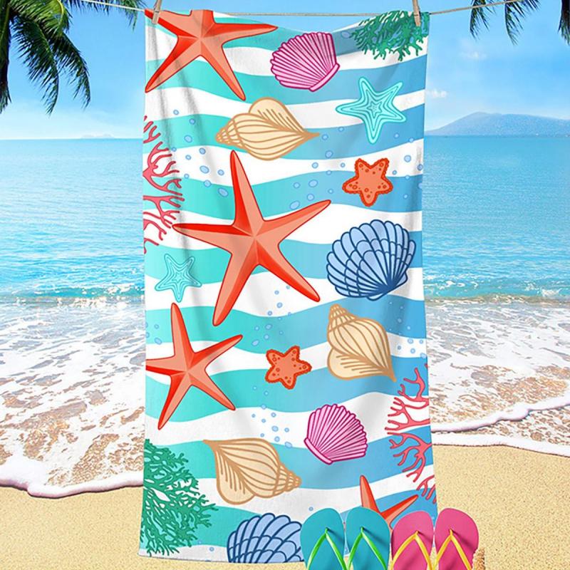 Wavy Stripe Starfish Seashell Coral Print Beach Towel Quick Dry Sand Free Absorbent Towel Ocean Theme Summer Beach Towel