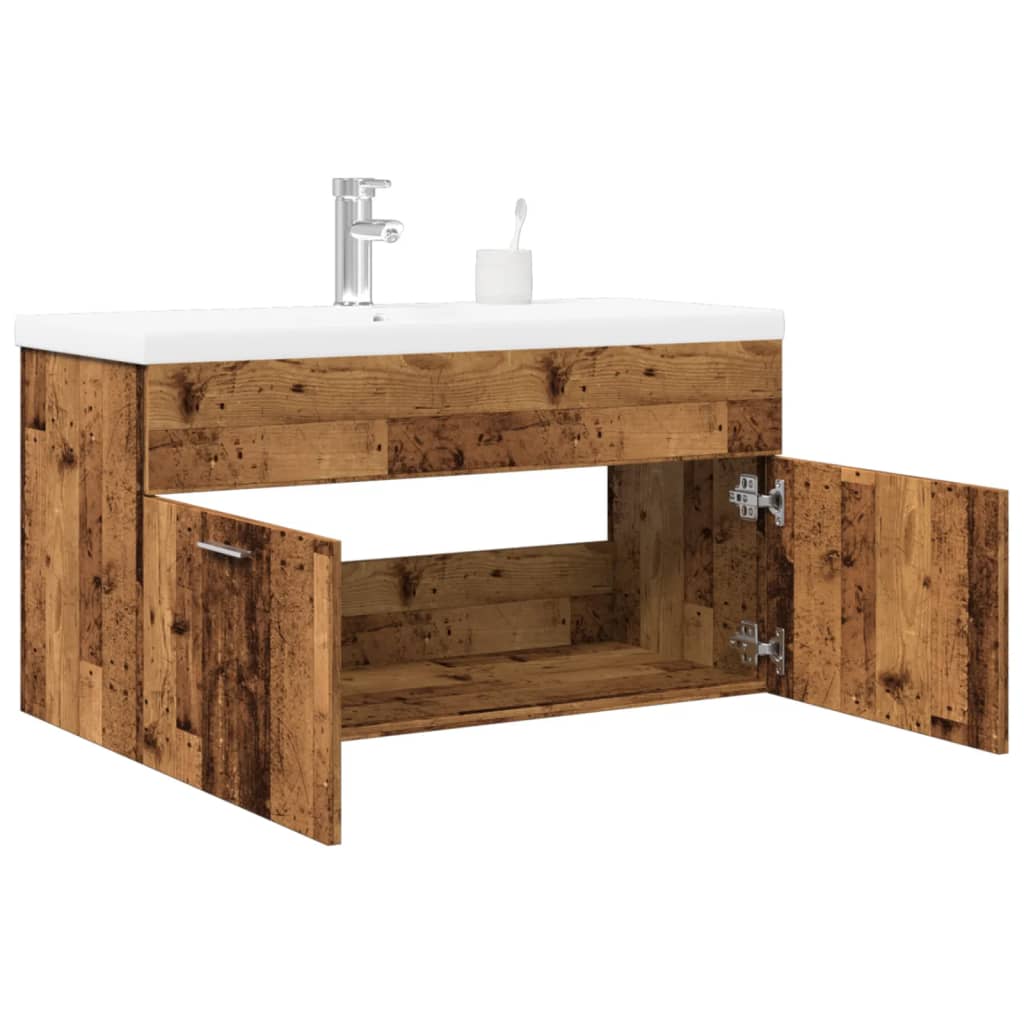 Washbasin Cabinet with Built In Basin Rustic Wood Effect