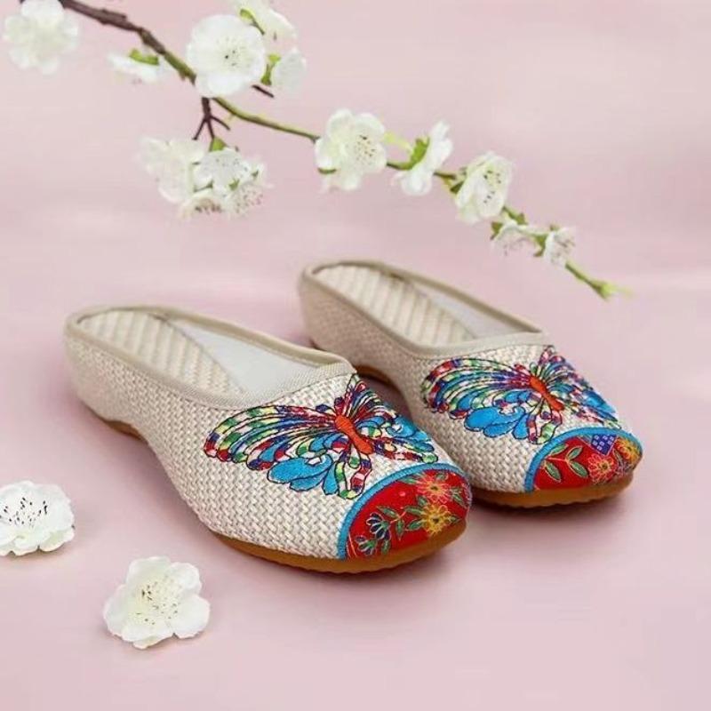 Shoes linen butterfly slippers embroidered beef tendon embroidered shoes baotou new national home retro style embroidery