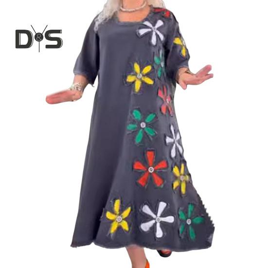 

Осенне-весеннее женское платье с цветочной нашивкой, А-силуэтом, круглым вырезом, большим подолом, рукавами три четверти, рваным подолом, повседневное платье-миди 2XL темно-серого