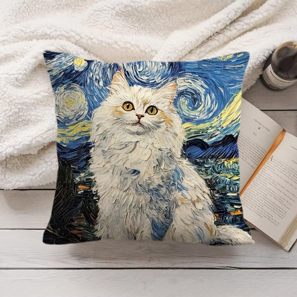 Van Gogh Starry Night Cat Cushion Cover Silky Short Plush Invisible Zipper Dustproof Sofa Pillow Case for Home Decor