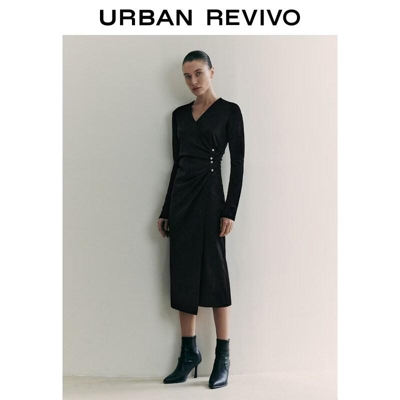 UR2026 Women s Pleated V-Neck Dress with Metal Buckle
