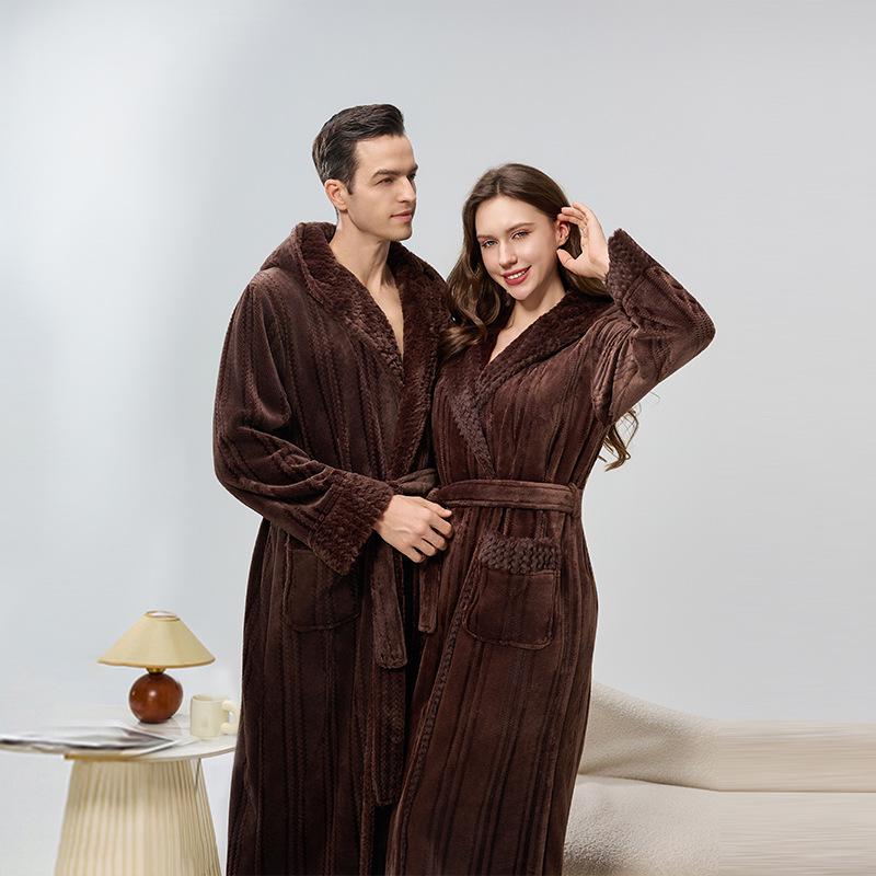 Cozy Couple Jacquard Fleece Long Robe - Hooded Autumn/Winter Bathrobe for Men & Women