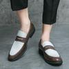 Mocassini da Uomo in Pelle Patchwork Bianco e Nero, Slip-On, Bassi, Business Casual, Taglie Grandi