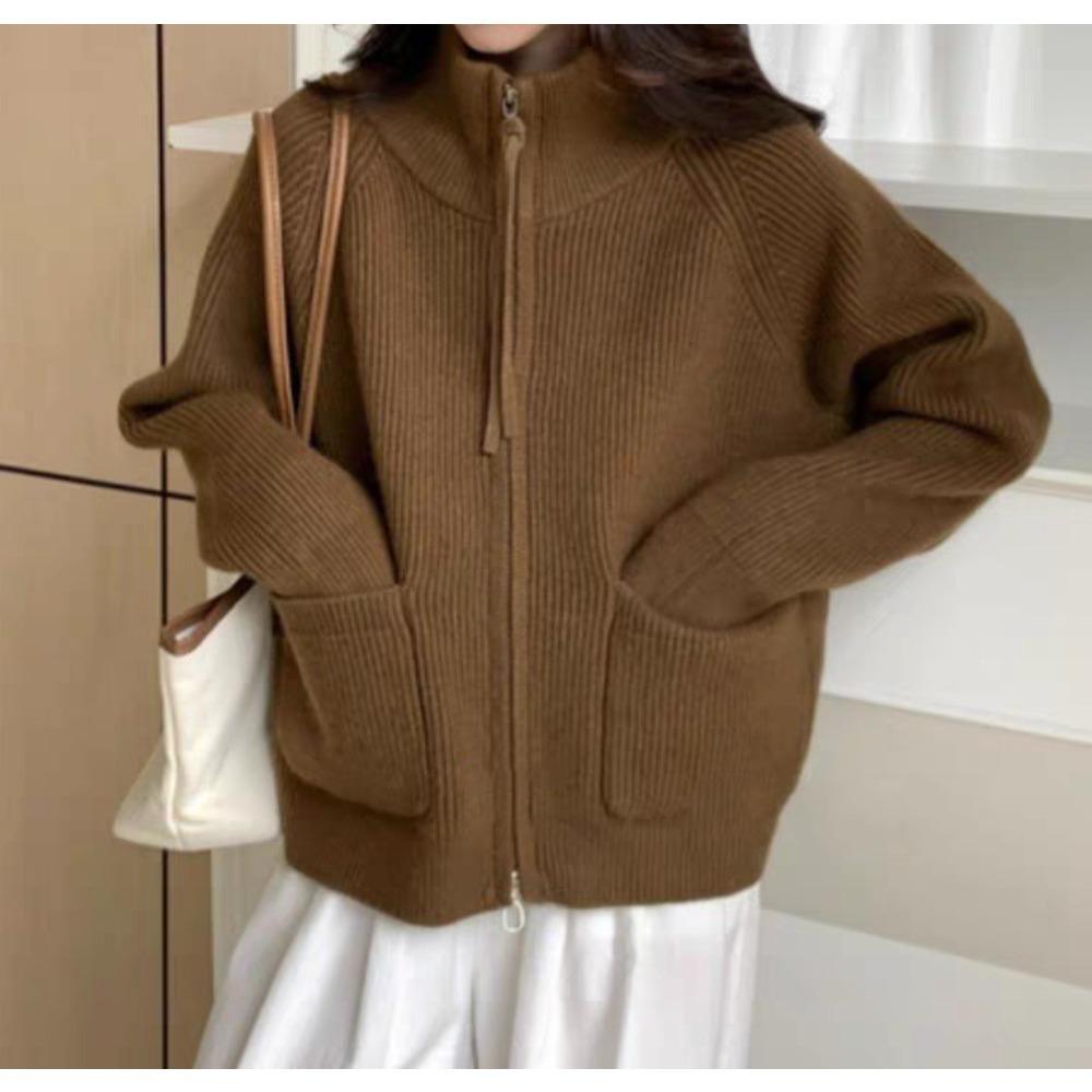 New Autumn and Winter Stand-up Collar, Double Zipper, Long-sleeved, Loose, Large-sized, Laid-back Style Knitted Cardigan Sweater for Women