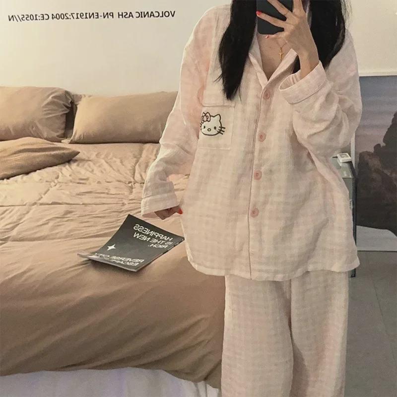 "Dámské bavlněné pyžamo s třešňovým medvídkem - Jaro/Podzim, Dlouhý rukáv, Roztomilý kreslený svršek"