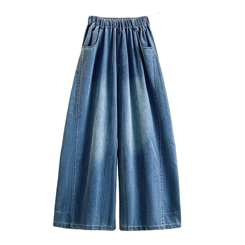 DIMANAF 2026 Summer New Plus Size Women Jeans Wide Leg Long Pants Denim Pants Cotton Casual Trousers Blue Waist Elastic