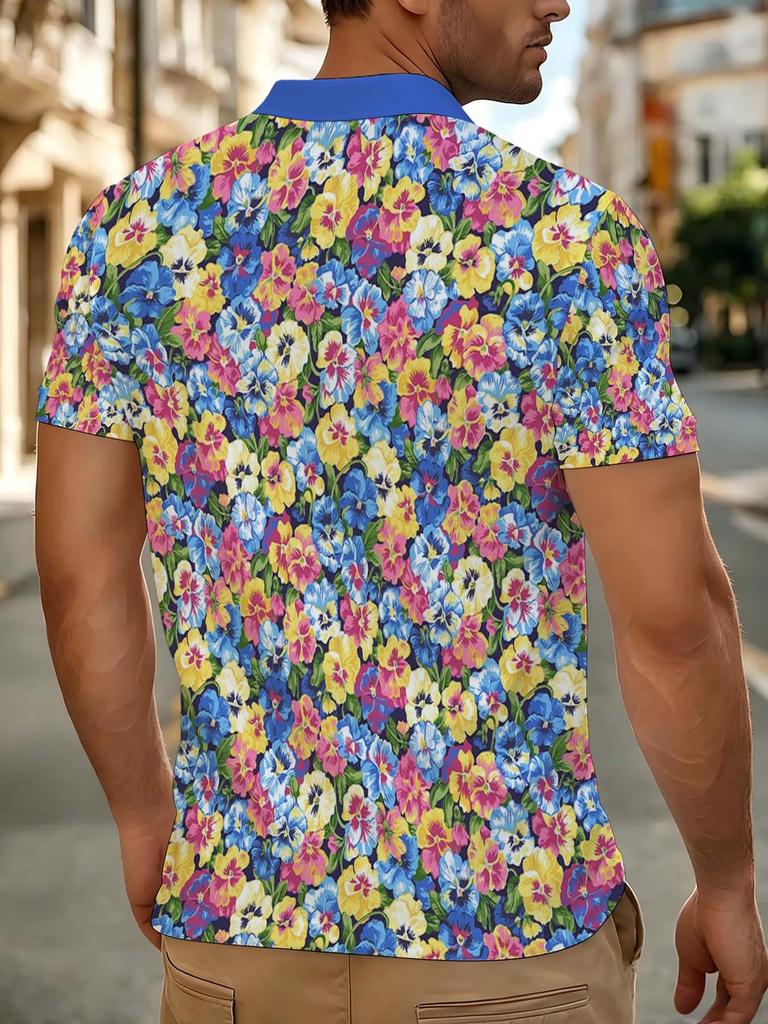 [Print Design - Not Textured] Navy Blue with Pink And Blue Bright Carnation Small Floral Print Men'S Polo Shirt, Smooth Beach Vacation Top