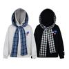 2KWEIRD American Plaid Shawl Fake Two-Piece Hoodie Women Early Autumn New Loose Lazy Chic High Street Couple Jacket Cotton Full Sleeve