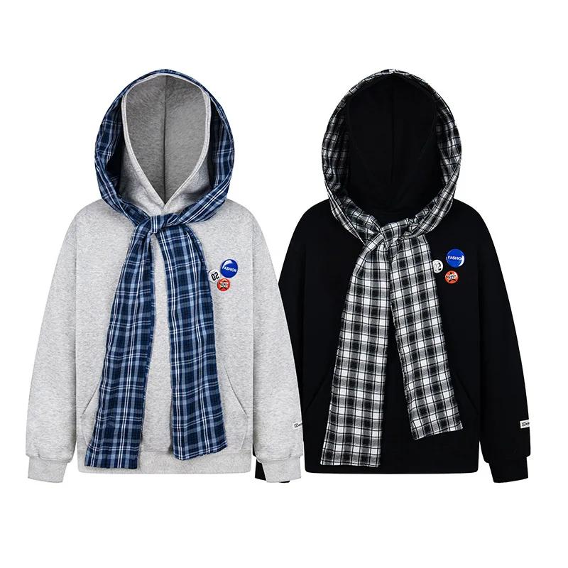 2KWEIRD American Plaid Shawl Fake Two-Piece Hoodie Women Early Autumn New Loose Lazy Chic High Street Couple Jacket Cotton Full Sleeve