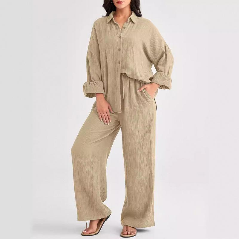 Women's Casual Long Sleeve Shirt and Wide Leg Pants Set In Multi Colors