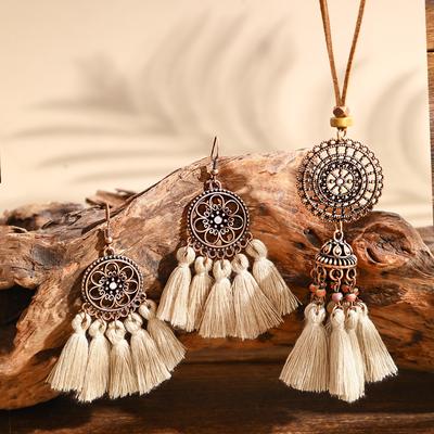 3pcs Vintage Earring Necklace Zircon Set Tassel Dangle Earrings Tribal Boho Party Accessories Daily Wear Gifts Holiday