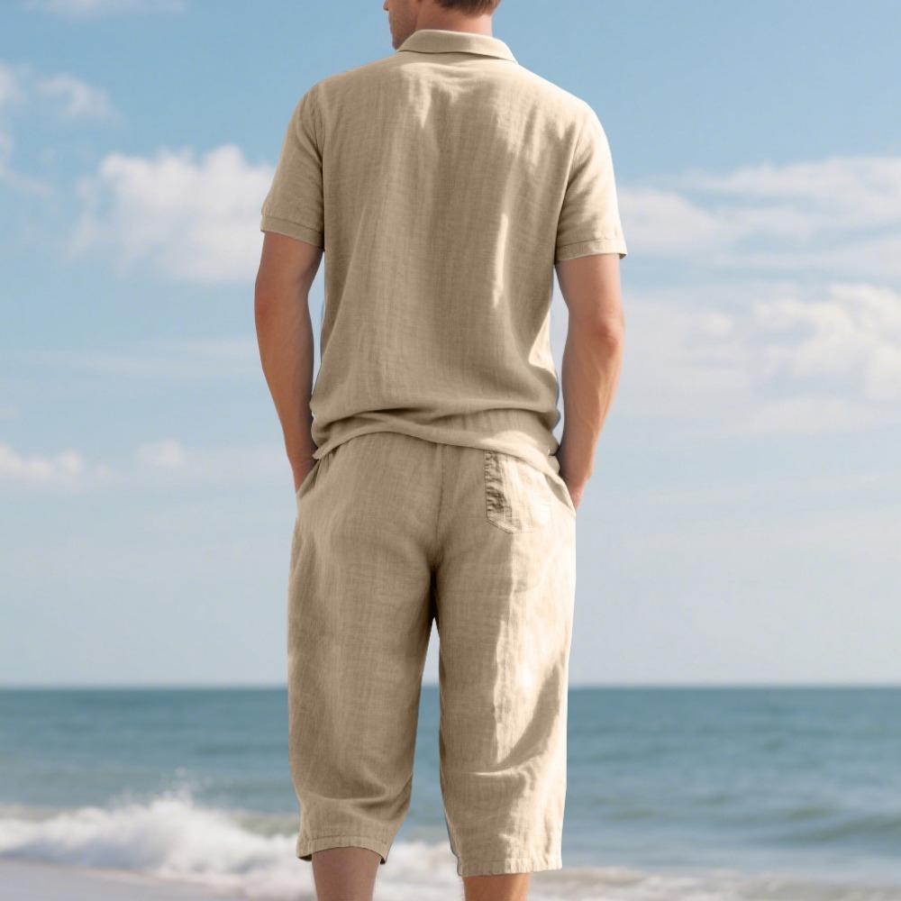 Men's Summer New Short Sleeve and Shorts Set, Made of Linen Fabric, A High-Quality Two-Piece Short Sleeve and Shorts Set