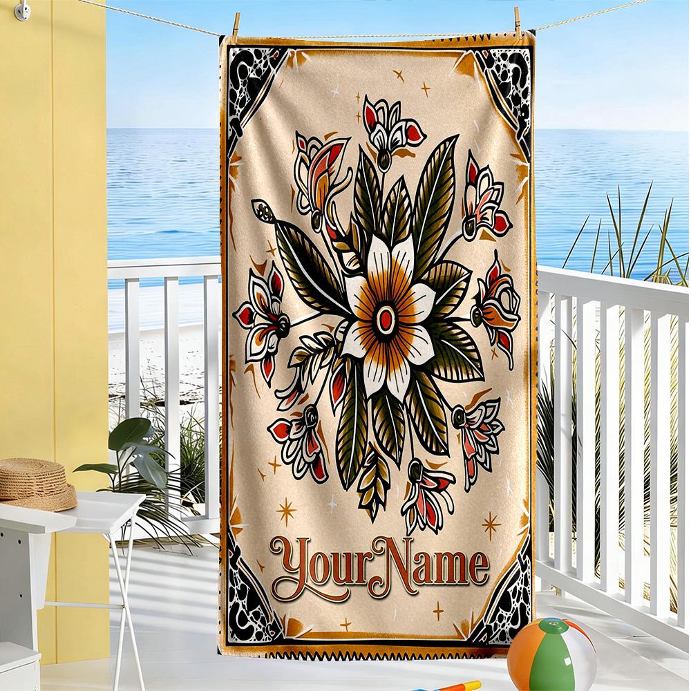 Tattoo Style Customizable Name Beach Towel High Absorbency & Quick-Dry Perfect for Traveling Yoga Camping and Swimming
