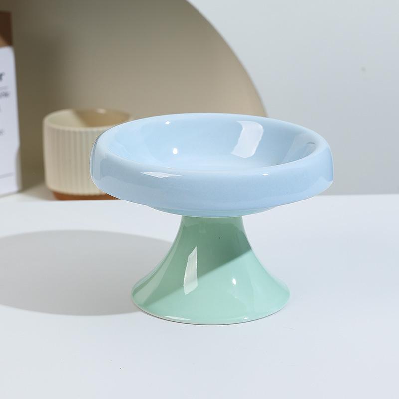 Colorful Ceramic Elevated Cat Bowl, Neck Protect Anti-black Chin Feeding Dish for Cats Kittens