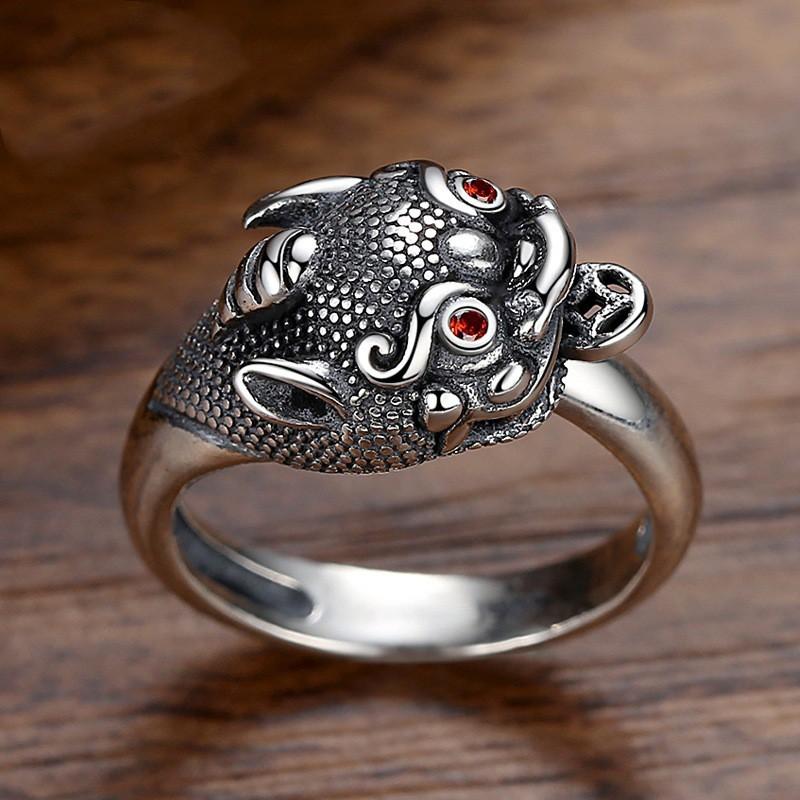 Adjustable Open Ring With Pixiu Fortune Beast Motif Sterling Unisex Vintage Style Finger