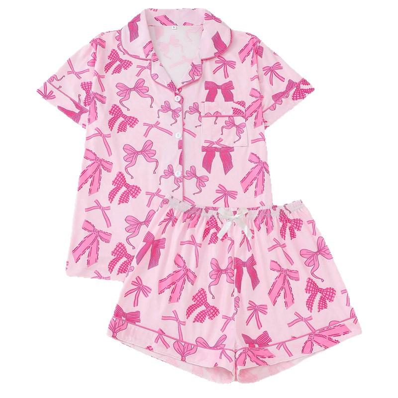 European and American Women's Bow Print Lapel Short Sleeve Pajama Set