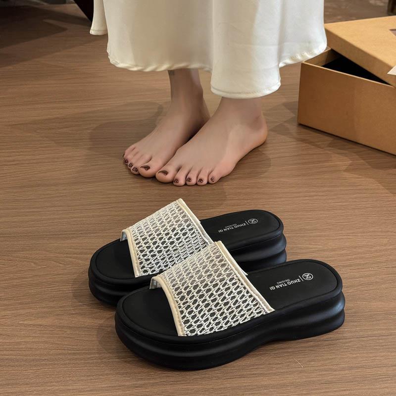 

2025 summer new fashion outer wear thick-soled slippers Roman woven one-character slippers thick-soled heightening slippers women 35