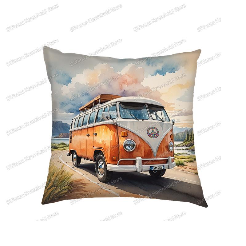 Funda de cojín para funda de almohada de furgoneta de acuarela, para viajar a la playa, sofá, cama, coche, fundas decorativas para sala de estar
