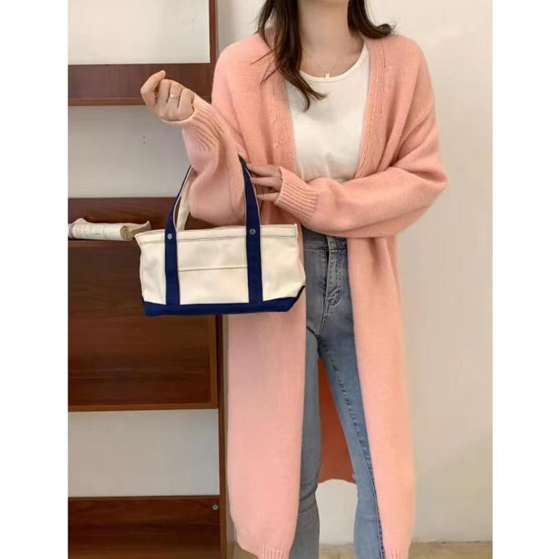 

Новый простой темпераментный трикотажный жакет средней длины с V-образным вырезом для женщин, универсальный повседневный кардиган-топ для женщин One size розовый