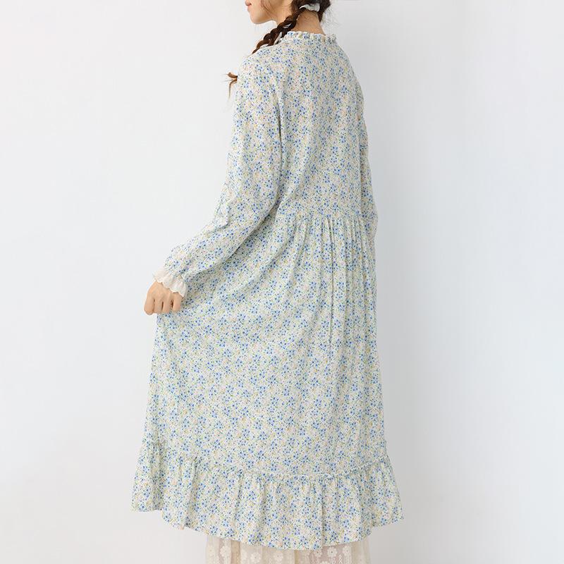 Spring Women's Mori Style Floral Cotton Linen Long Dress with Ruffle Patchwork