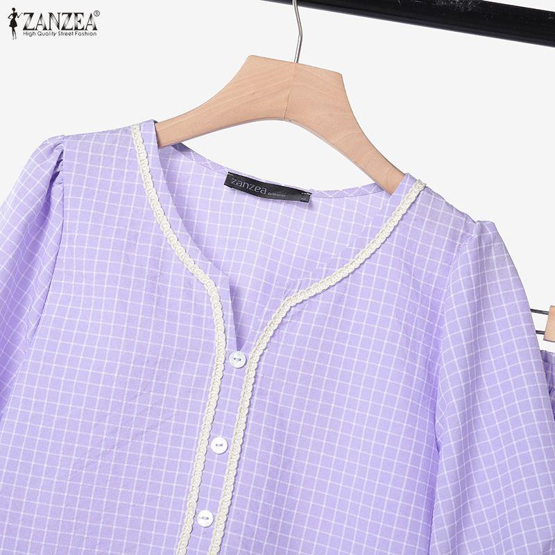 ZANZEA Women Short Sleeve Blouse and Shorts Summer Plaid Print Two Piece Suit Sets