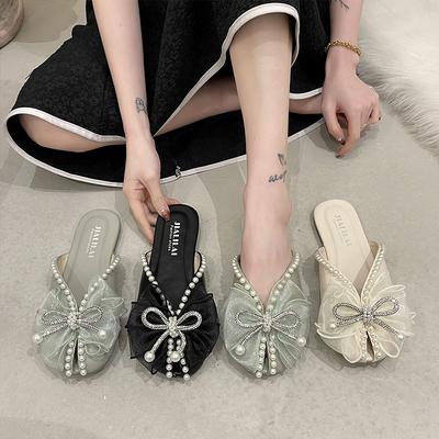 2025 Spring and Summer Women's Fashion Fish Mouth Pearl Flat Half Slippers, Comfortable Pregnant Women, Trendy Outdoor Wear