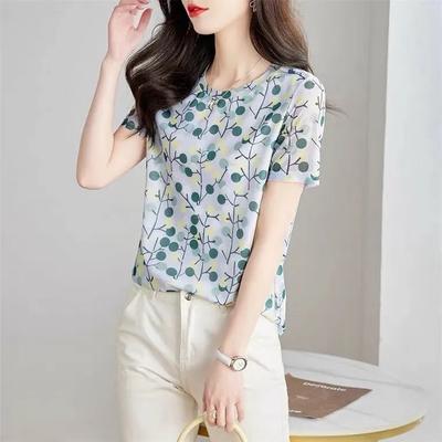 Damen Sommer Blumen Temperament Druck Top Rundhals Einfaches Kurzarm Dünnes T-Shirt