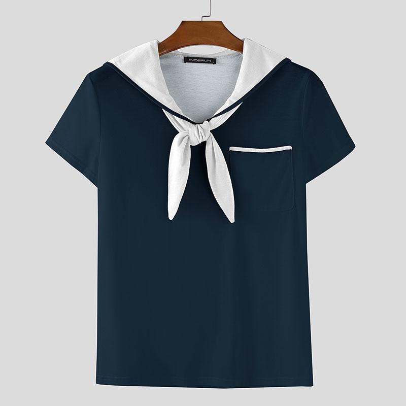 

INCERUN Oversized Men Naval Collar Tie Up Short Sleeve Casual Loose T-Shirts Tops S