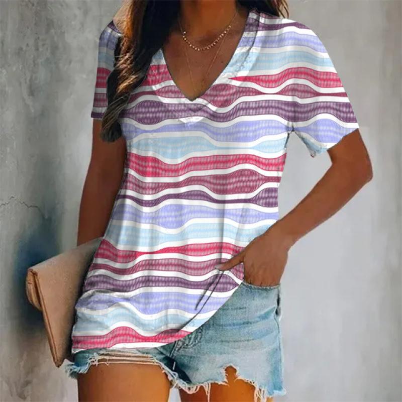 Mode T-shirt d'été décontracté à manches courtes et col en V imprimé ondulations pour femmes, surdimensionné et élégant
