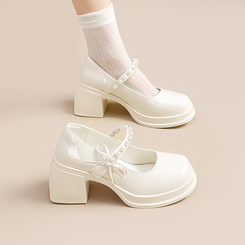 Warrior Fashionable Elegant Light-Colored Mary Jane Shoes With Pearl Bow Decoration Kids Shoes Beige WXP(WZ)-3293