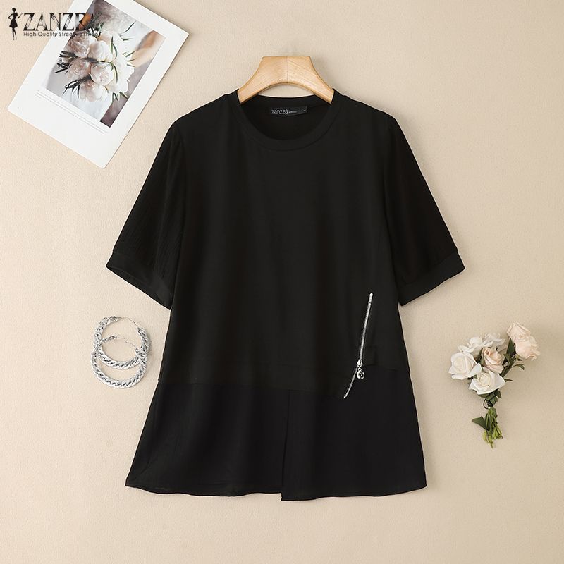 ZANZEA Damen Freizeit T-Shirts mit Rundhalsausschnitt Sommer Kurzarm