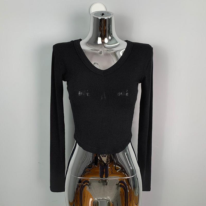 

Korean Sexy Hot Girl Slim V Neck Tight Crop Bodycon Versatile Long Sleeve Base Layer T Shirt Top Women One Size чёрный