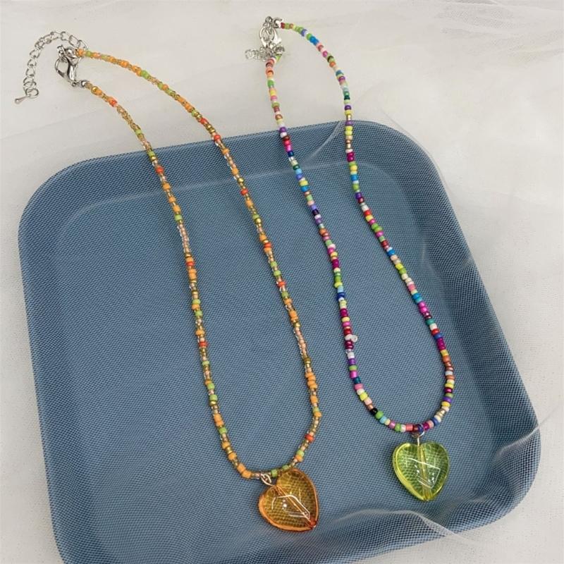 Korean Multicolored Bear Pendant Necklace Bohemia Love-heart Ornament Collar Chain Rice Beaded Choker Chain for Girls