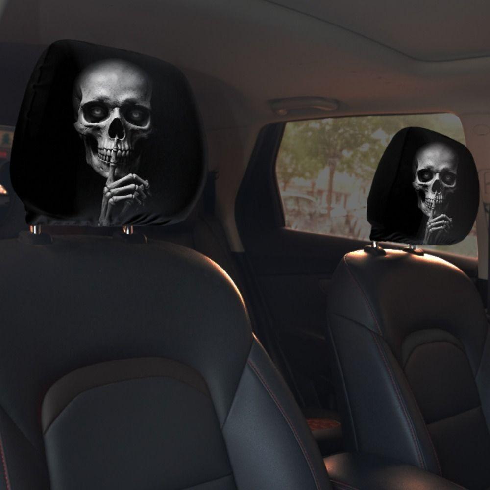 1pair Universal Fit Skull Headrest Cover Vivid Flat Print Gothic Seat Protector Daily Commute
