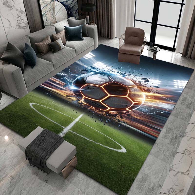 3D Flame Soccer Pattern Rug, Suitable for Living Room Home Décor, Children's Play Area Rug, Non-slip Area Rug, Bedroom Mat.