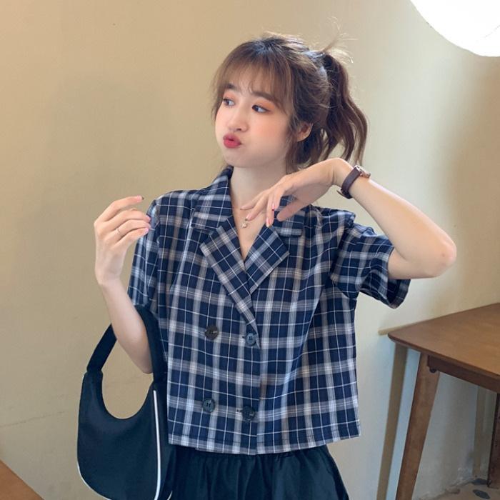 

High Waist Plaid Suit Collar Short Sleeve Shirt Small Jacket Summer Korean Style Short Slim Top for Women 2XL синий