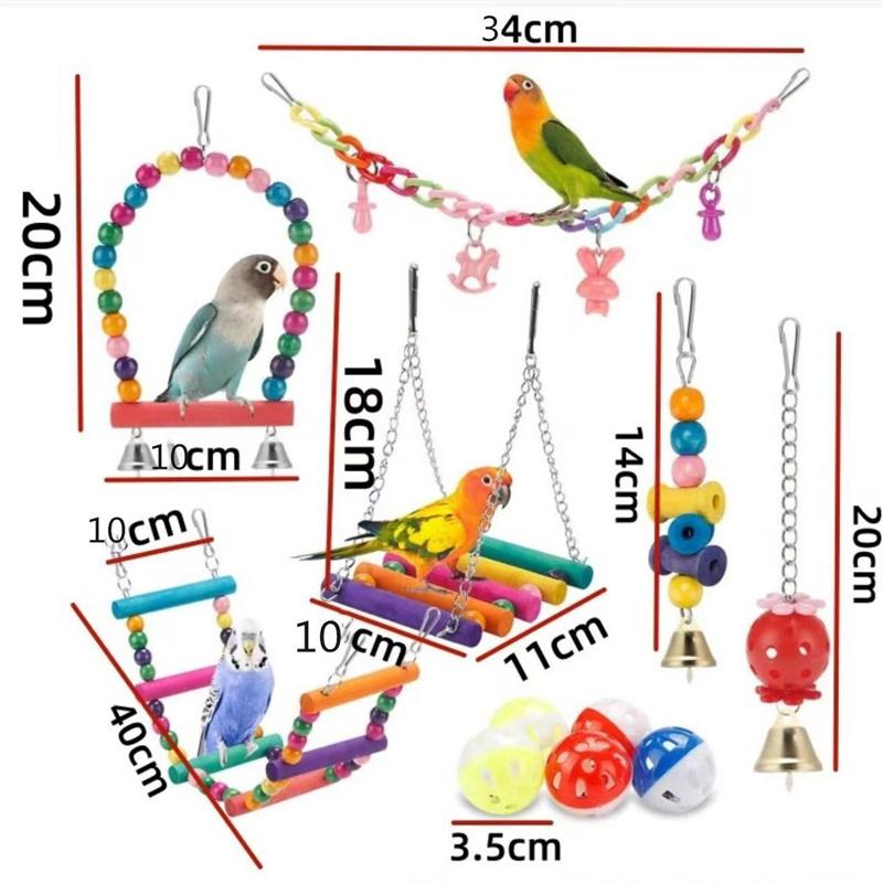 Bird Parakeet Toys 1 Set Of 11Pc Swing Hanging Standing Chewing Toy Hammock Climbing Ladder Bird Cage Colorful Toys