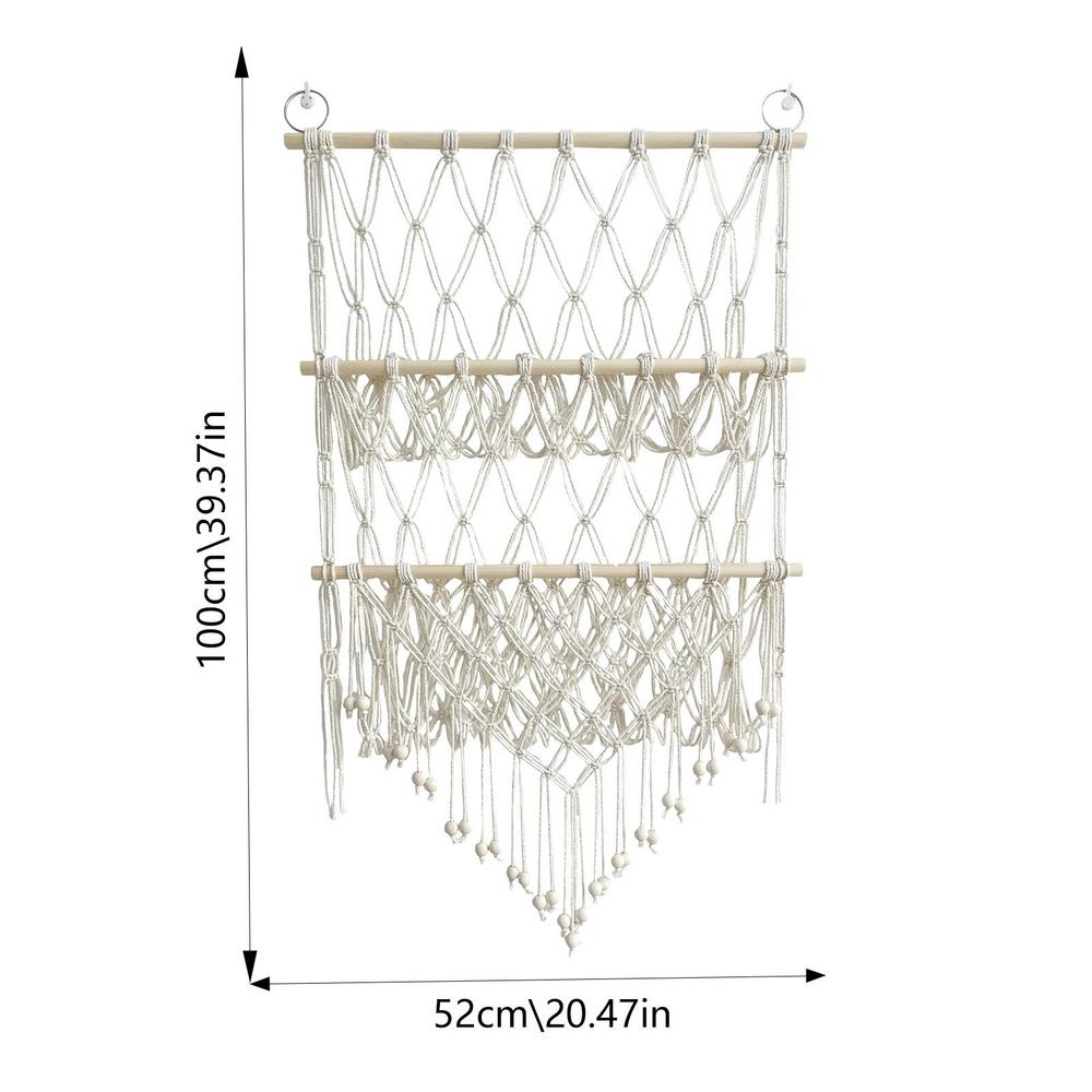 Bohemian Style Hand-Woven Wall Hanging Tapestry Wood Shelf Planter Basket 2 Tier Hanging Rack Art Wall Shelves Macrame