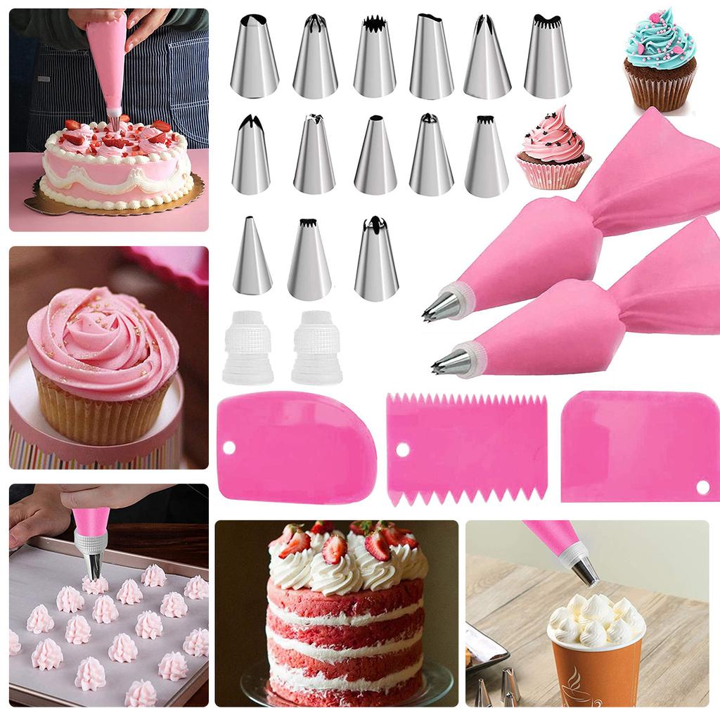 21-teiliges Spritzbeutel- und Tüllen-Set aus Edelstahl, Kuchen-Dekorationszubehör-Set mit 14 Spritztüllen, 2 Spritzbeuteln, 2 Adaptern, 3 Zuckerguss