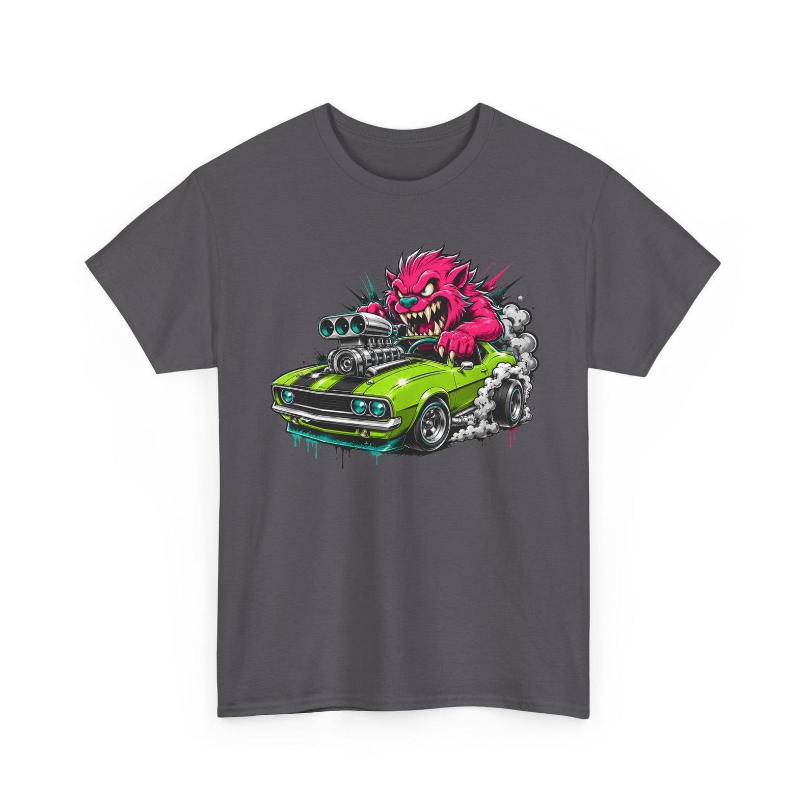 Pink Monster Hot Rod Muscle Car Tee | Retro Cartoon Burnout Graphic T-Shirt, Unisex Car Gift Shirt S