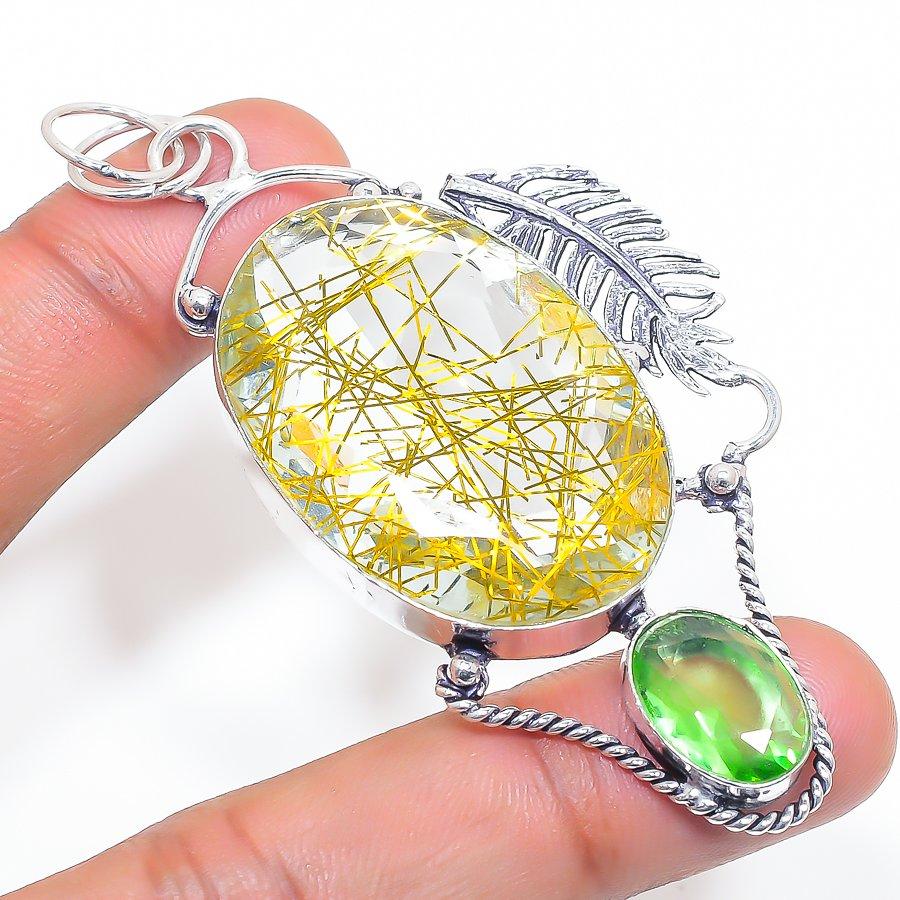 

Natural Golden Rutile, Peridot 925 Sterling Silver Jewelry Pendant 3.15 S5G05