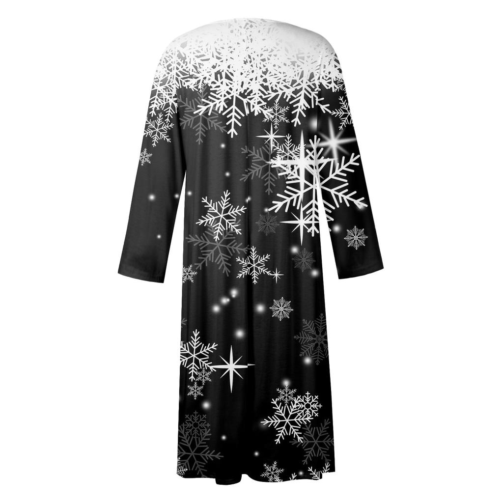 Dámské ležérní midi šaty s kulatým výstřihem a vánočním potiskem, s dlouhým rukávem a kapsou