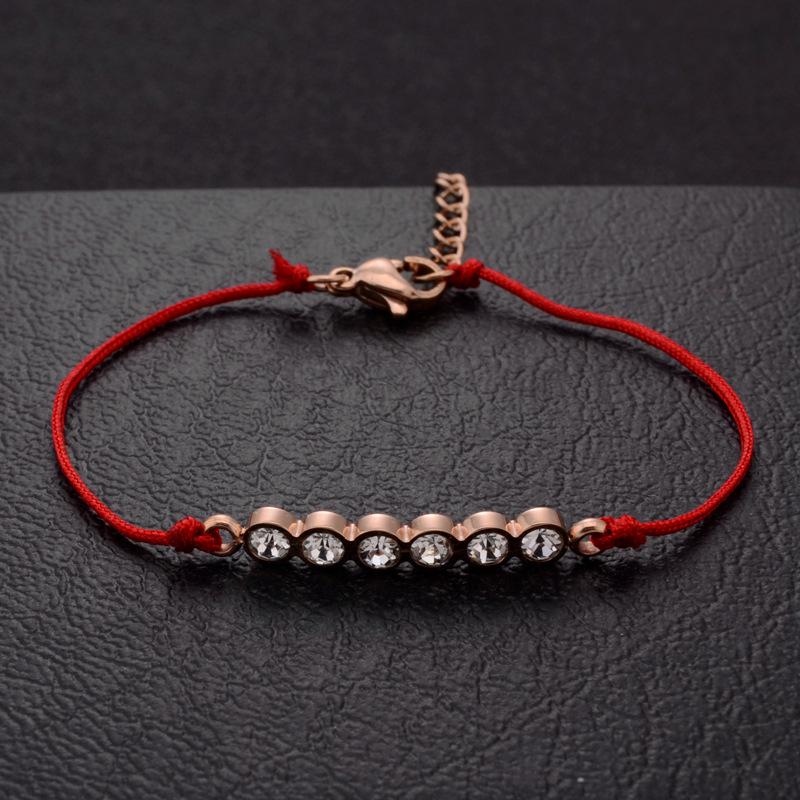 Korean Style Red String Lucky Rose Gold Bracelet with Six Diamond Roman Numerals for Girls