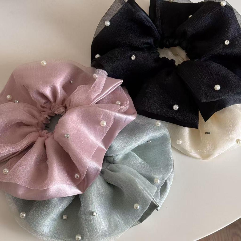 Elegant Double Layer Pearl Mesh Hair Tie - Retro Polka Dot Updo for Women