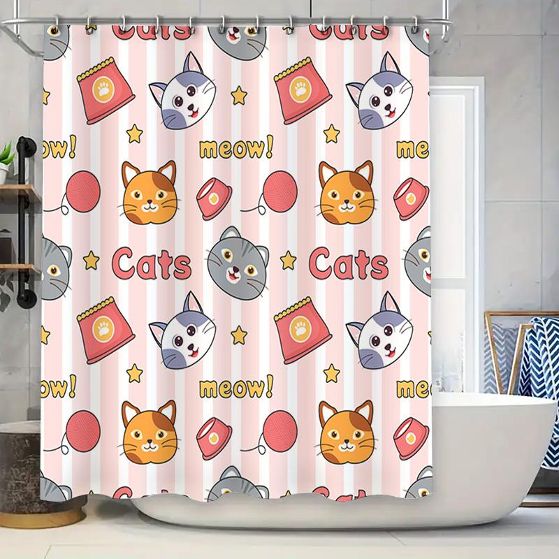

Cute Cat Print Shower Curtain Pink Striped Water Drop Resistant Bathroom Decor With Meow! Words Red Cup Yellow Stars One Size(18 W60H190(CM)-1 Pcs