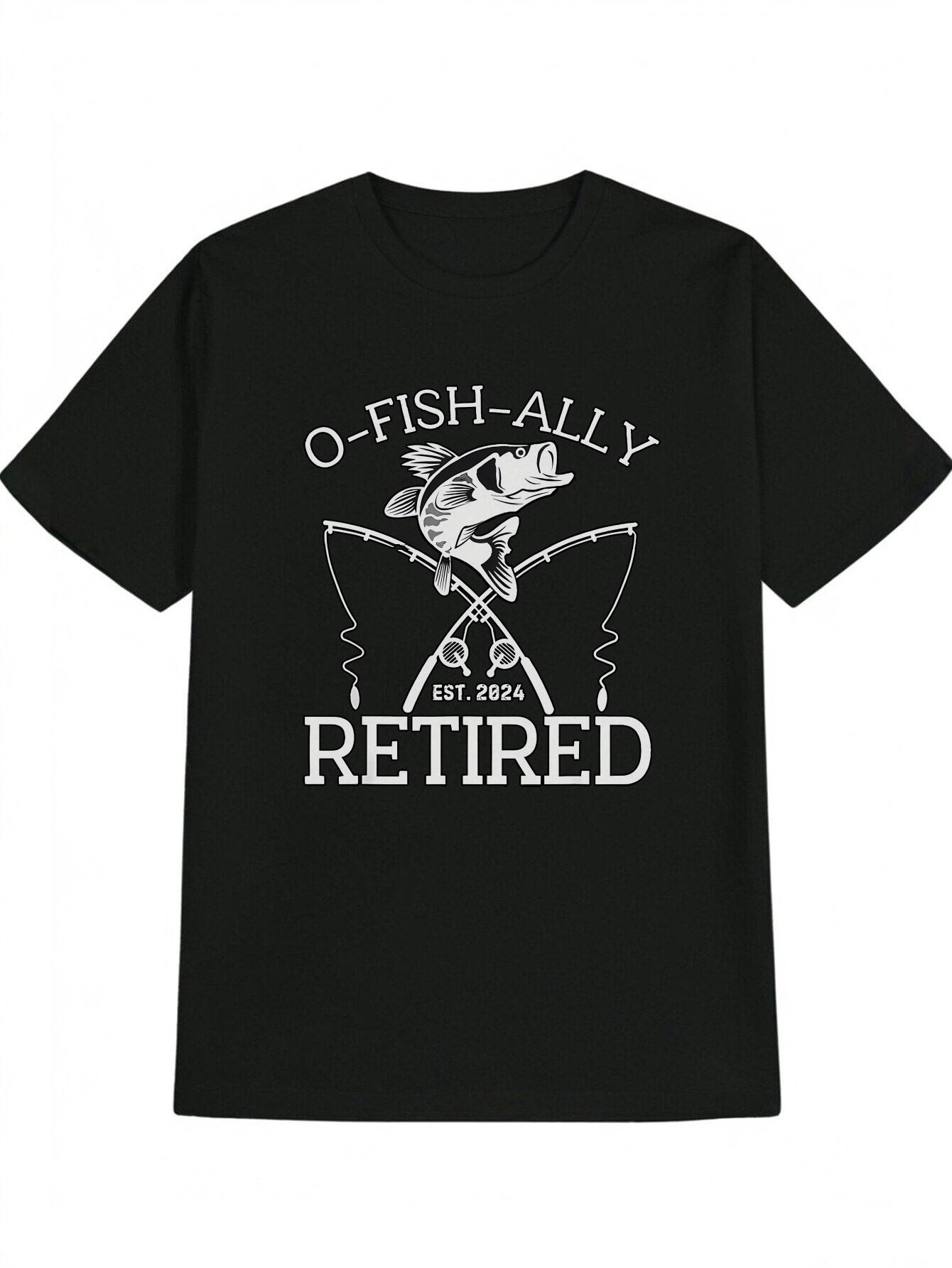 Casual Fishing Graphic T-shirt -  O fish-alley Retired  Humorous Design with Crossed Rods & Fish L